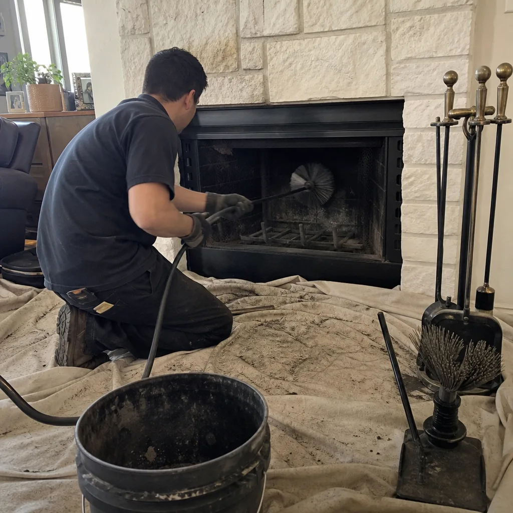Professional chimney sweep cleaning a residential fireplace with a rotary brush