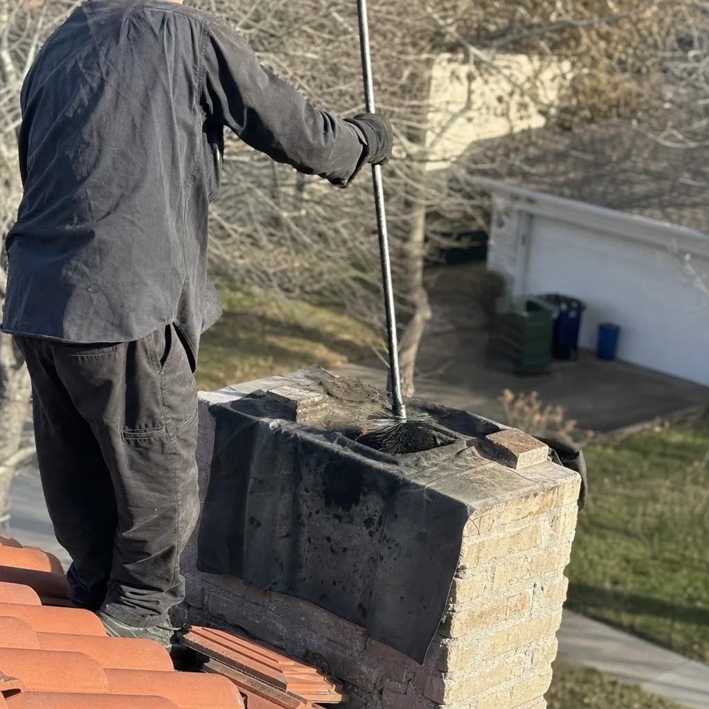 Professional chimney sweep cleaning a brick chimney from a rooftop.