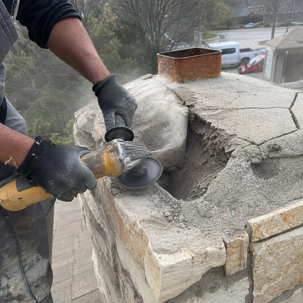 Professional performing concrete chimney crown repair with an angle grinder