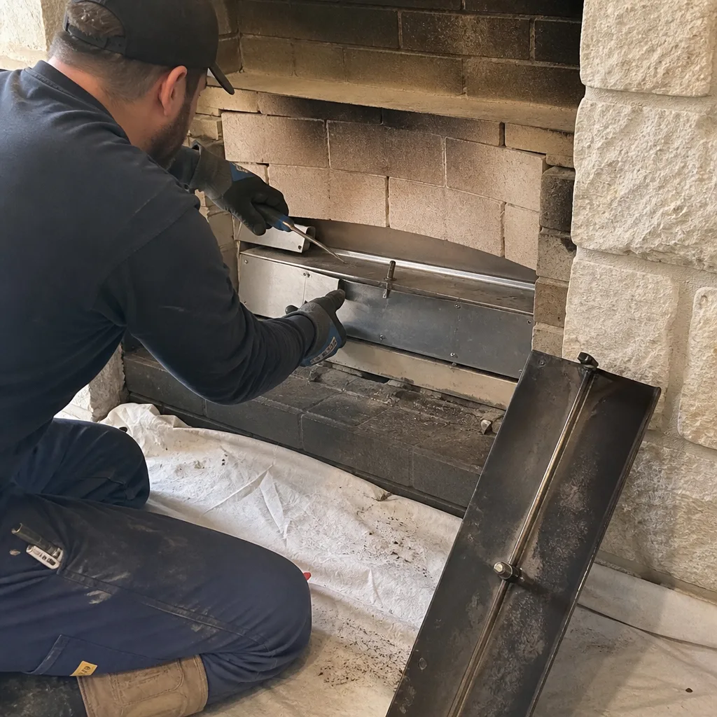 Chimney technician performing professional fireplace cleaning and maintenance services