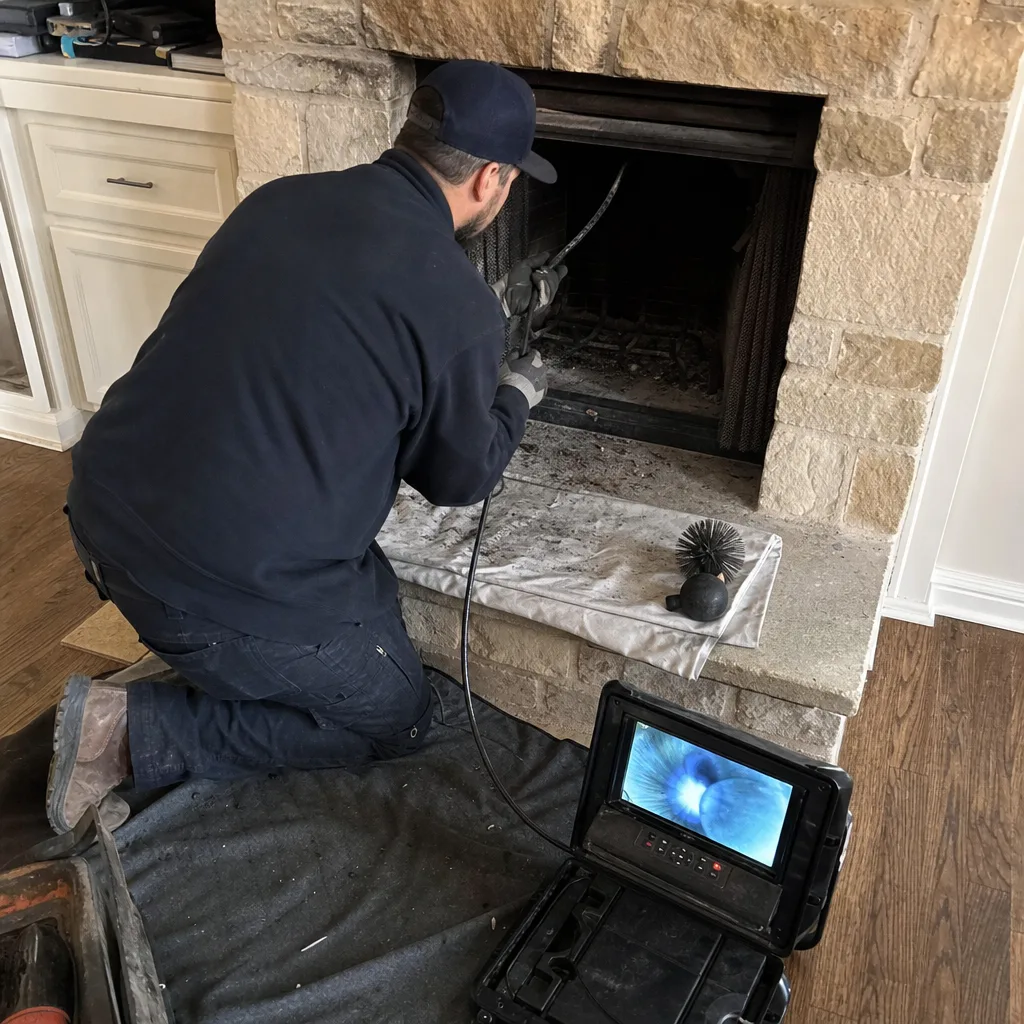 Technician performing professional fireplace inspection and chimney cleaning service