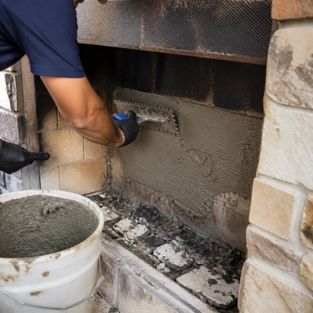 Professional applying mortar to fireplace firebox with notched trowel